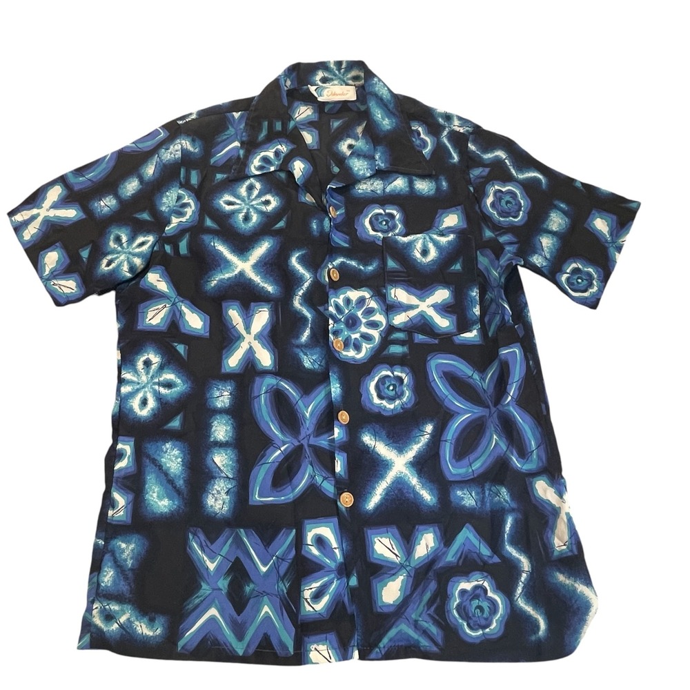 Vintage 70s Islander Mens M Blue Black Batik Geometric Print Button Down Shirt